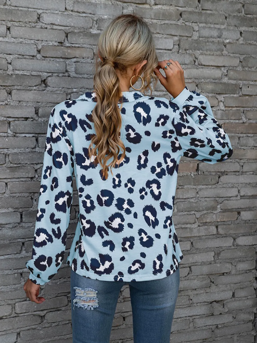 Leopard V-Neck Decorative Button Long Sleeve Blouse, image 7