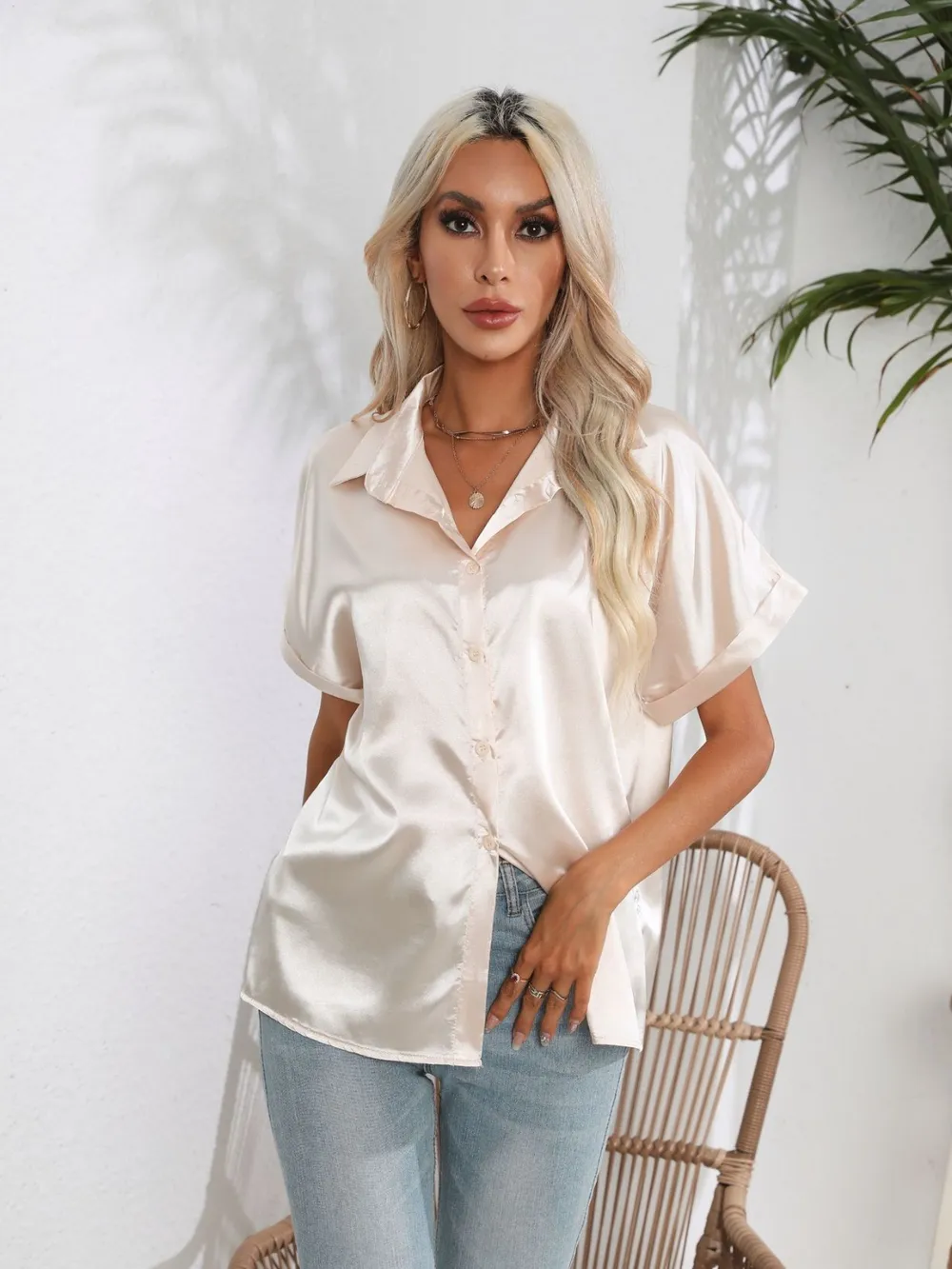 Button Down Collared Neck Short Sleeve Satin Shirt, image 22