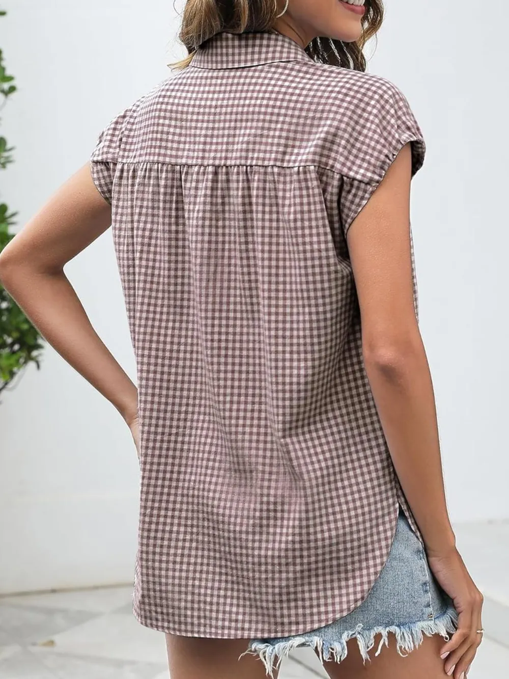 Plaid Button Up Cap Sleeve Shirt, image 11