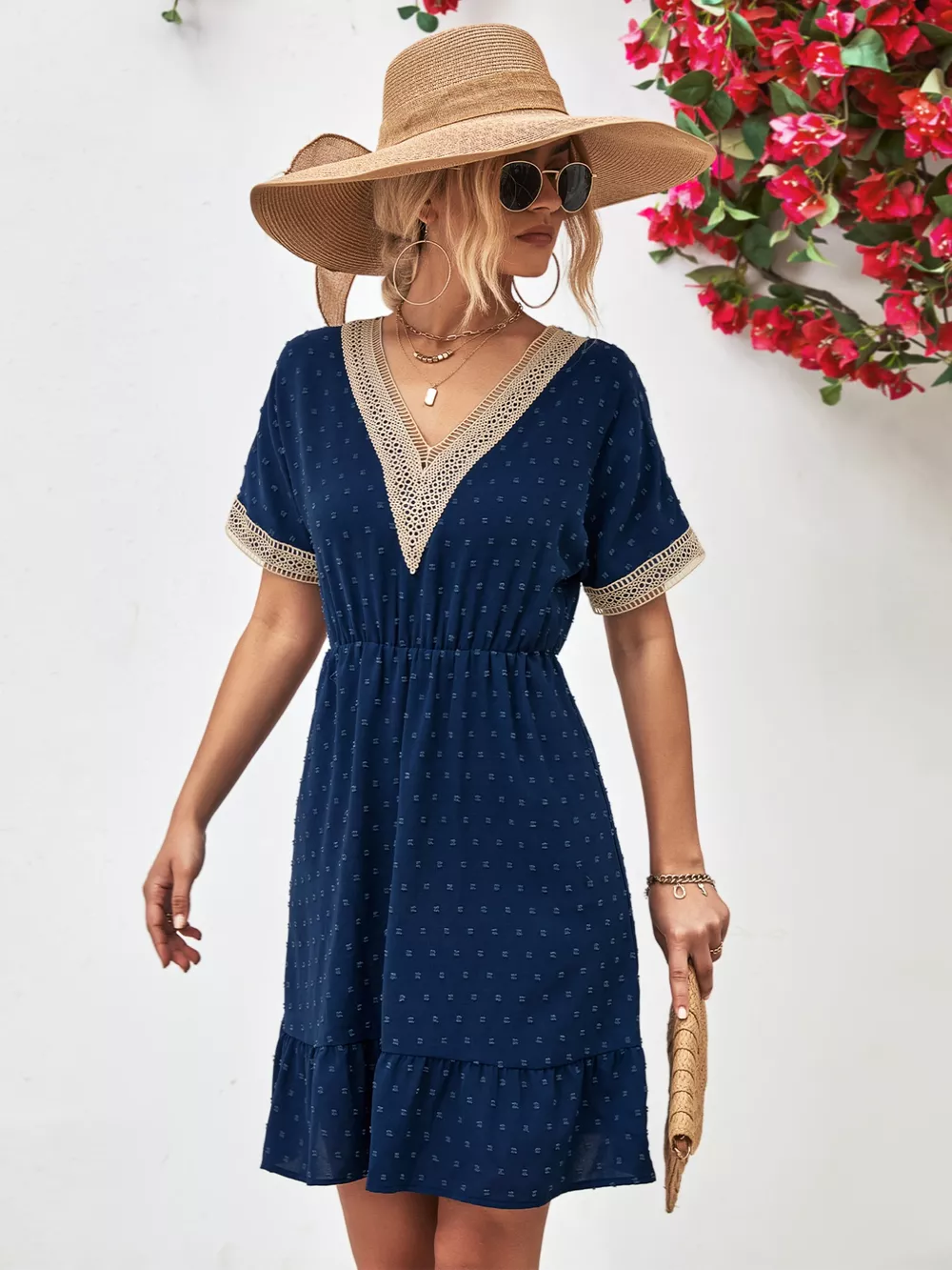 V-Neck Swiss Dot Ruffle Hem Mini Dress, image 2