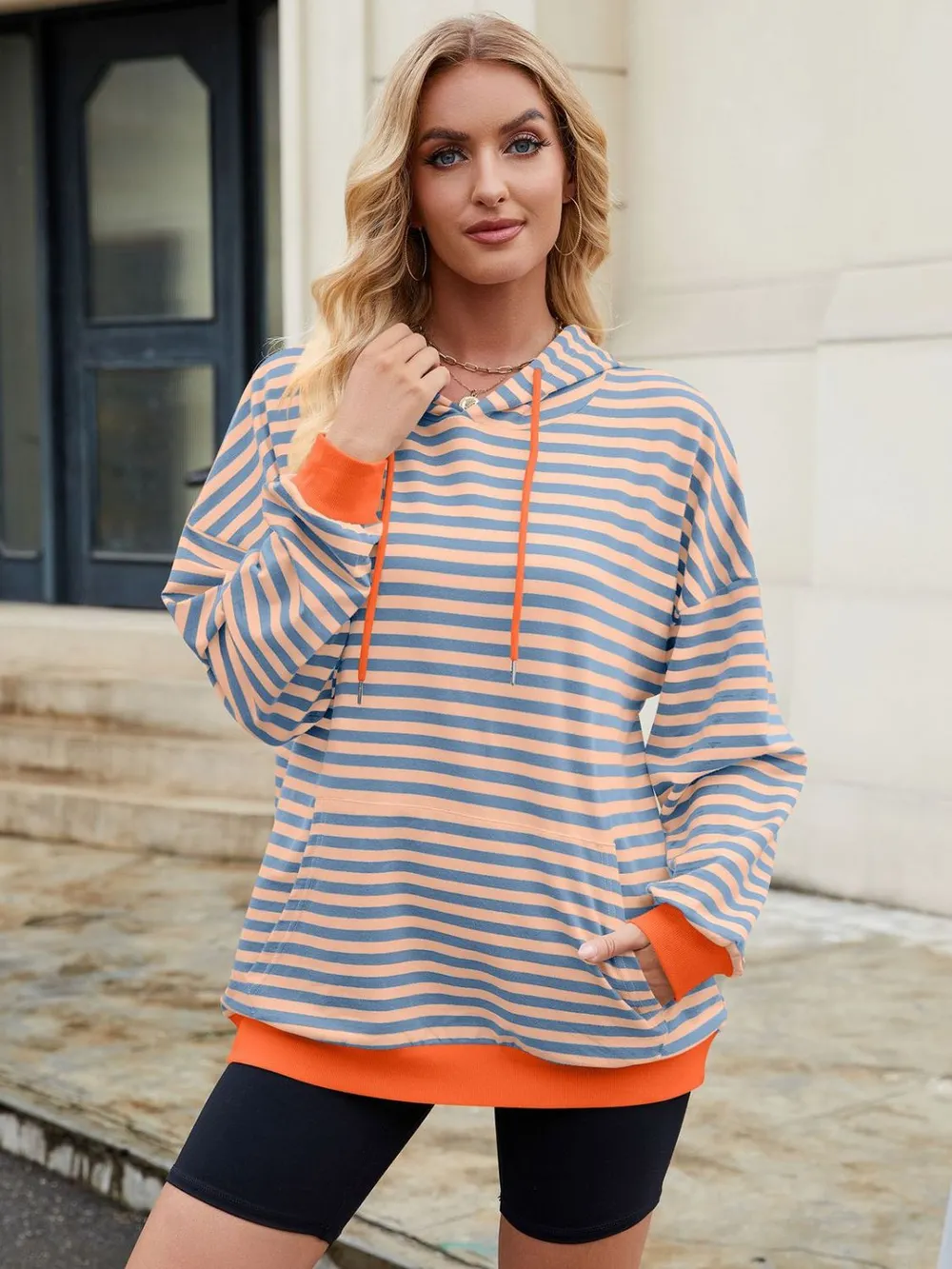 Drawstring Contrast Striped Long Sleeve Hoodie, image 18