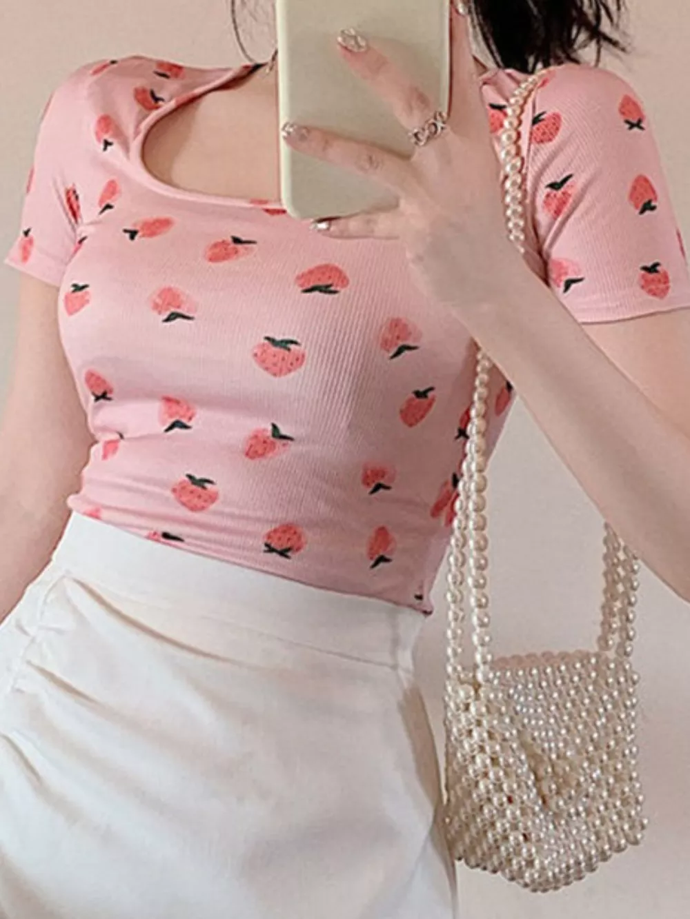 Fruit Print Square Neck Slim Fit T-Shirt, image 4