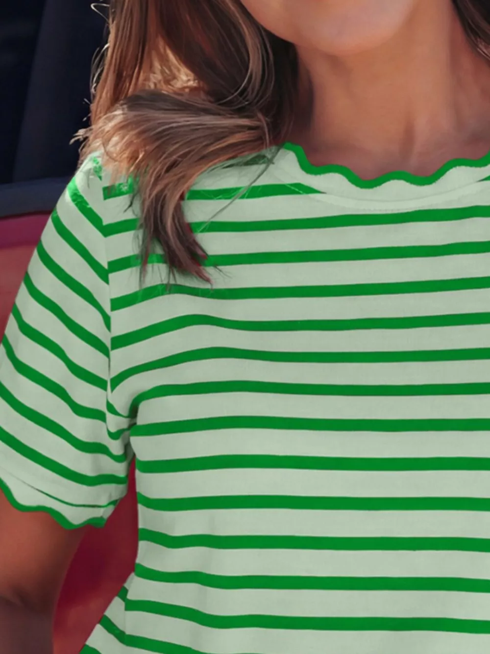 Striped Scallop-Trimmed Round Neck T-Shirt, image 4