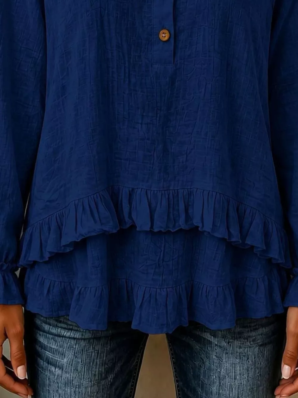 V-Neck Long Sleeve Button Detail Ruffled Hem Blouse, image 7