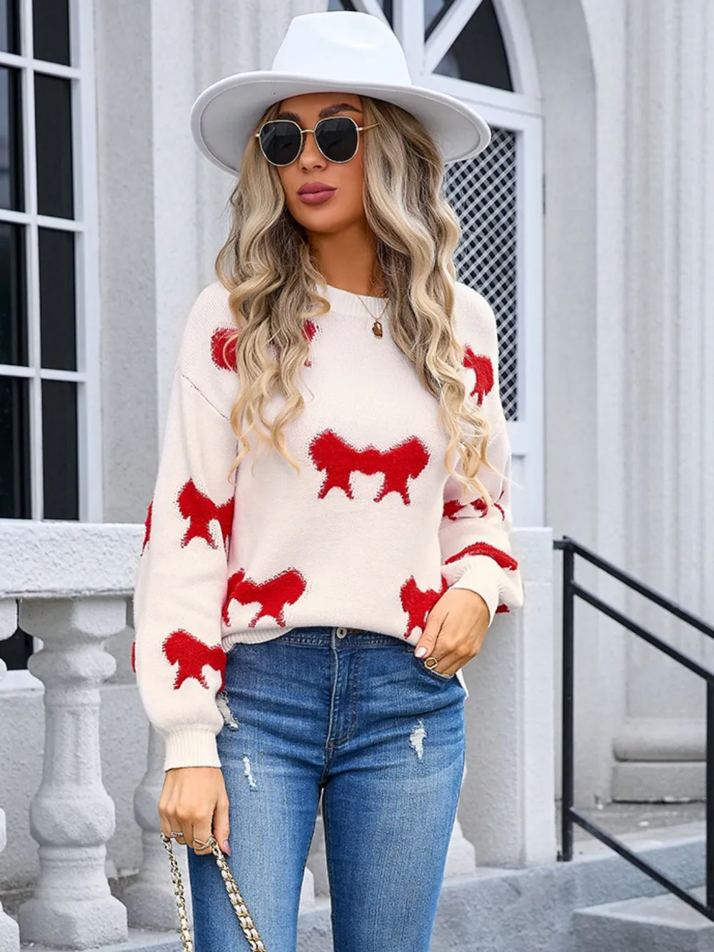 Bow Round Neck Dropped Shoulder Sweater, image 5