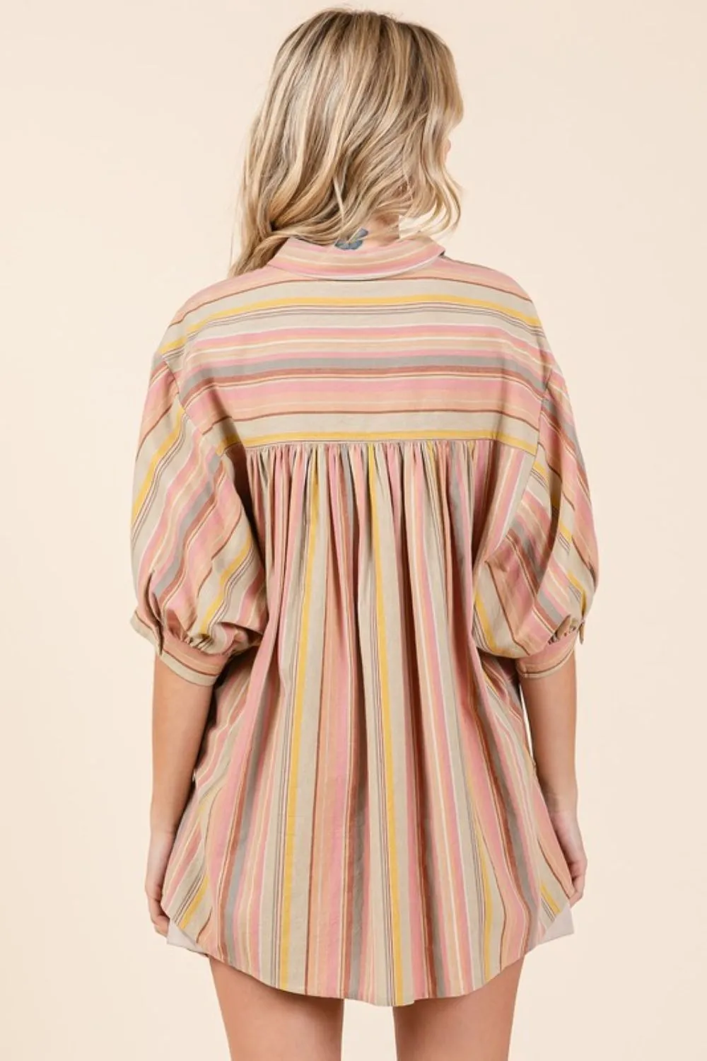 Striped Bubble Sleeve Button Down Shirt, image 3