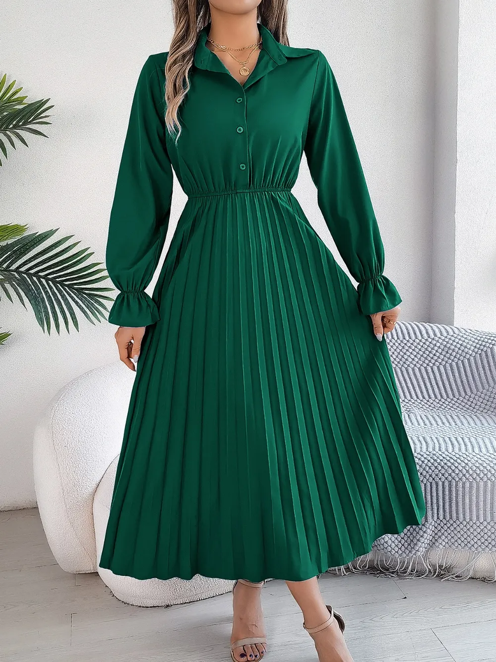 Pleated Half Button Long Sleeve Midi Dress, image 3