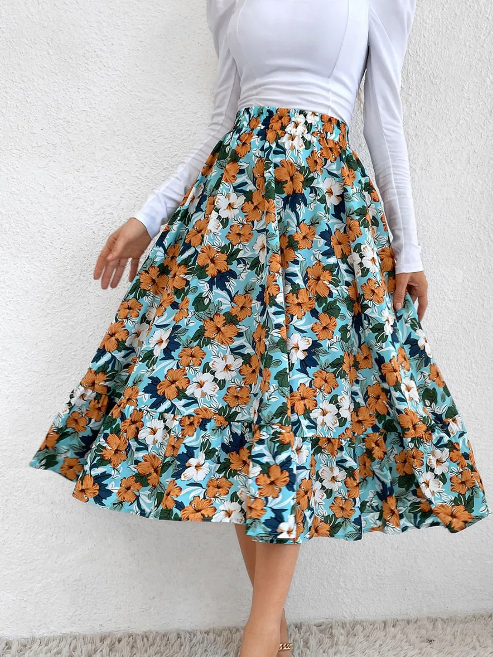 Printed Elastic Waist Midi Skirt, image 2