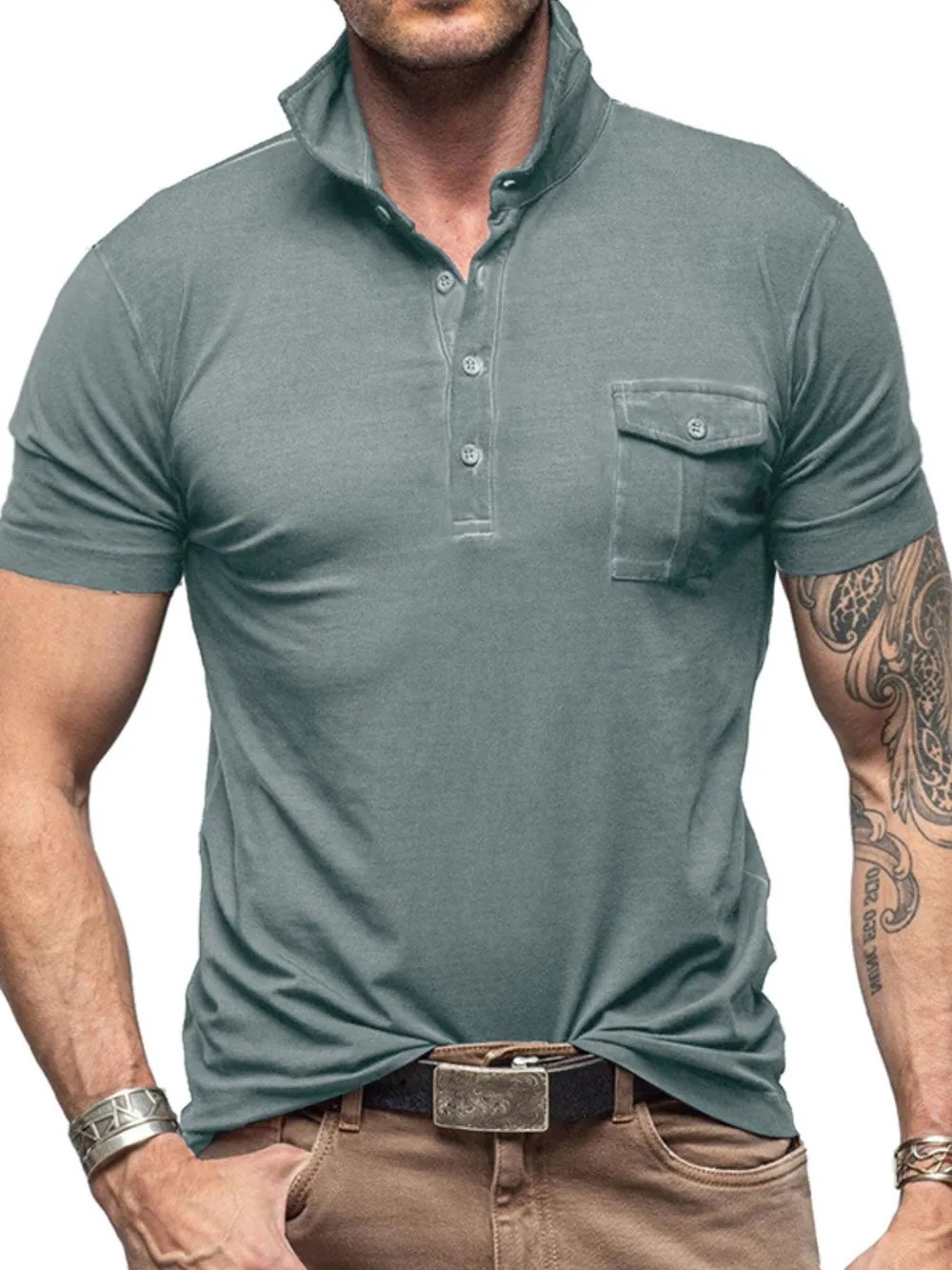 Men's Classic Pocket Polo Shirt with Stand Collar, image 8