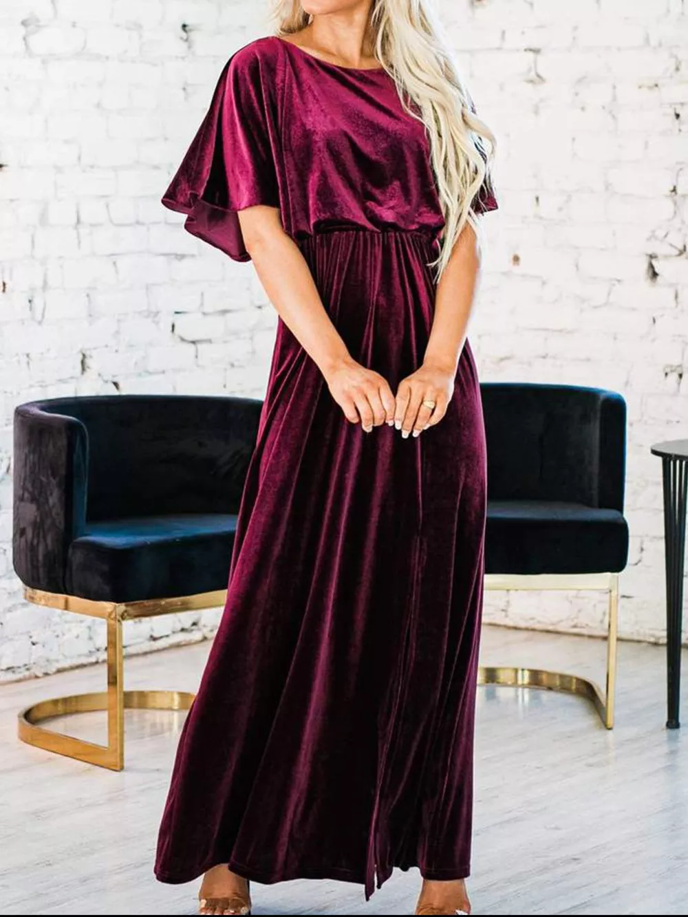 Slit Round Neck Flutter Sleeve Velvet Maxi Dress, image 8