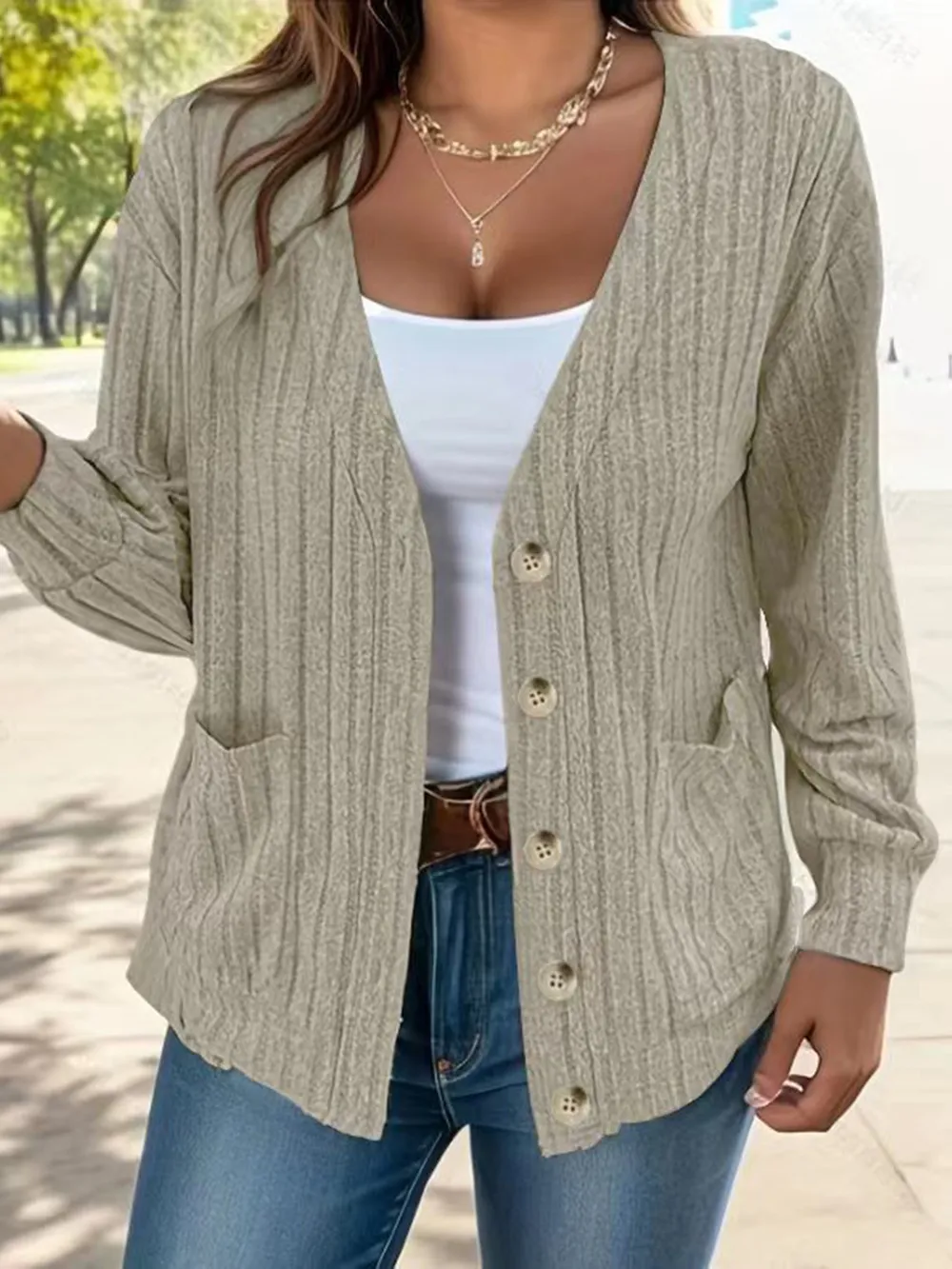 Full Size Button Up V-Neck Long Sleeve Cardigan, image 5