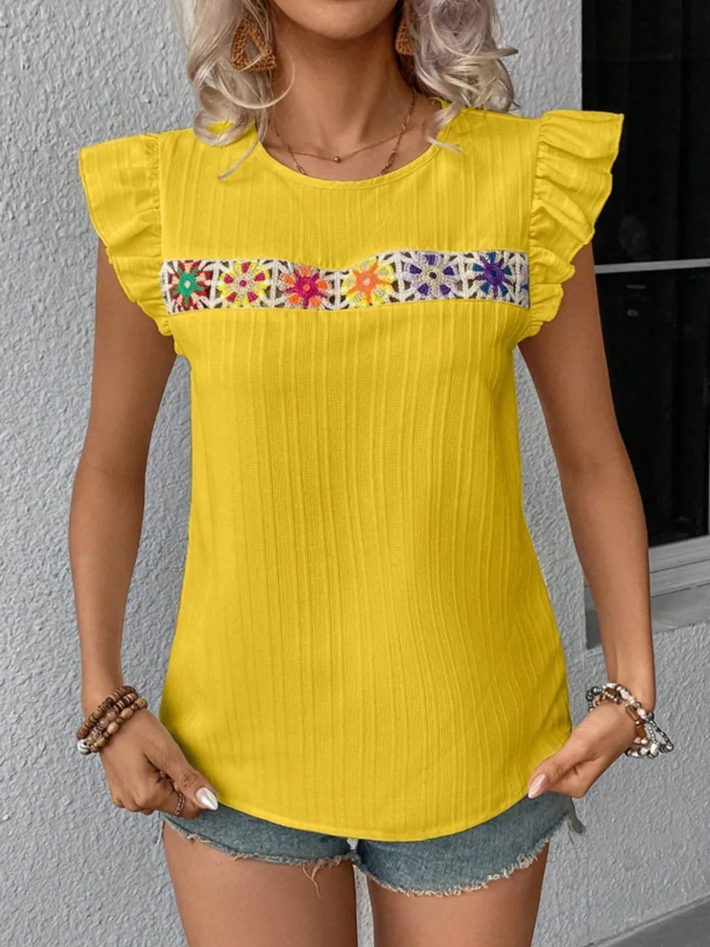 Ruffled Round Neck Cap Sleeve Blouse, image 5