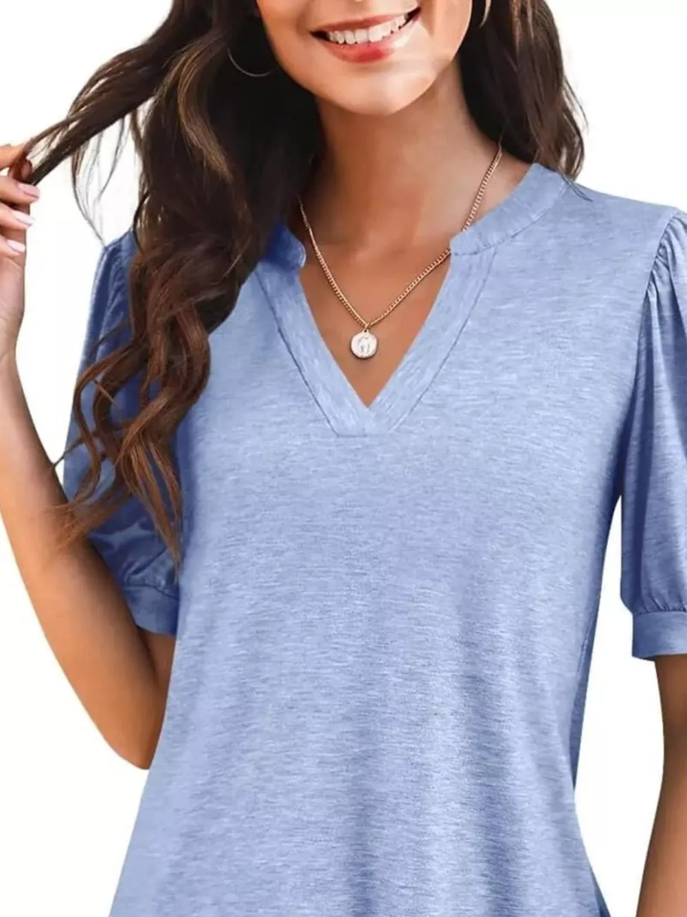 Puff Sleeve Notched Casual T-Shirt, image 20