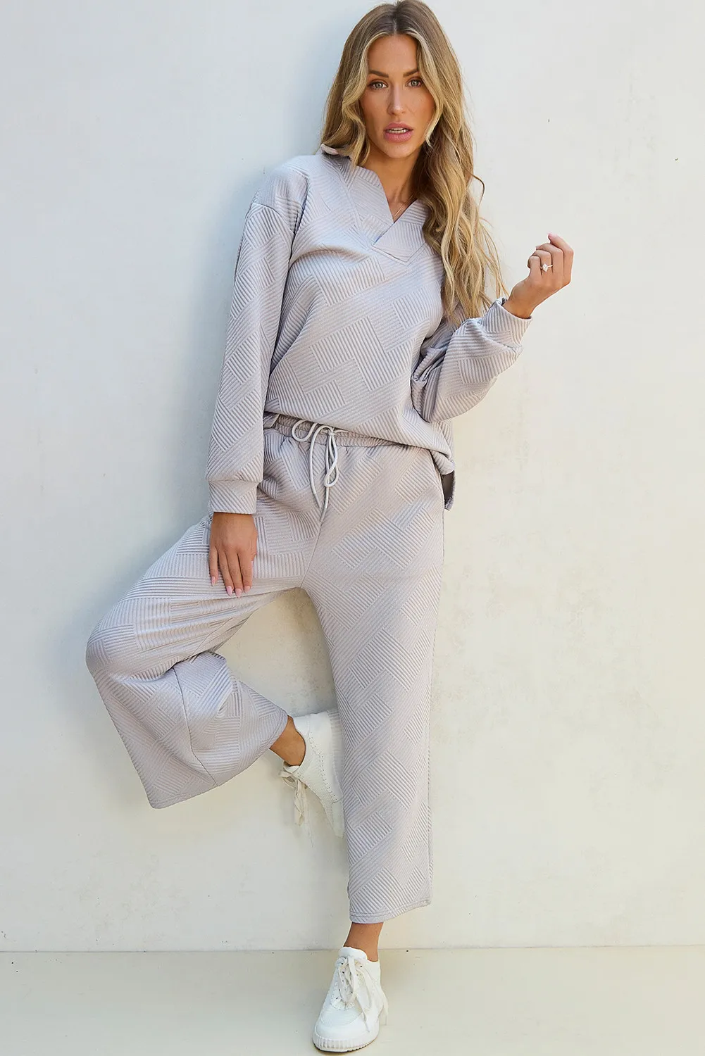 Textured Long Sleeve Top and Drawstring Pants Set, image 2