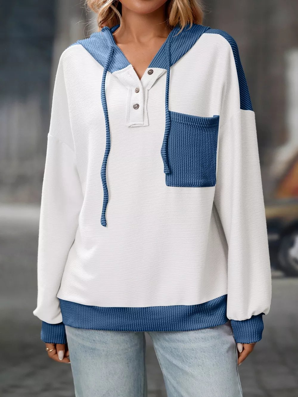 Casual Color Block Button Detail Hoodie, image 17