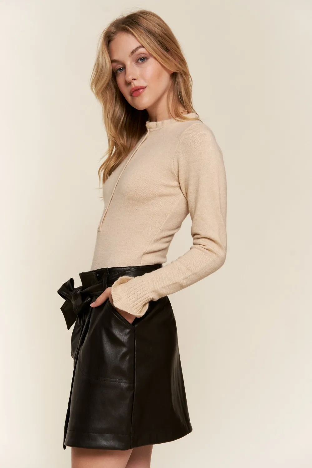 Half Button Round Neck Long Sleeve Bodysuit, image 3