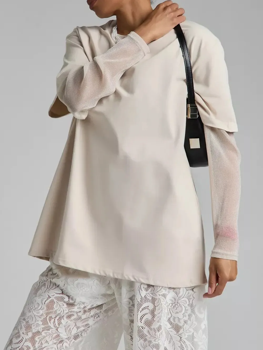 Faux Layered Round Neck Mesh Sleeve Top, image 9