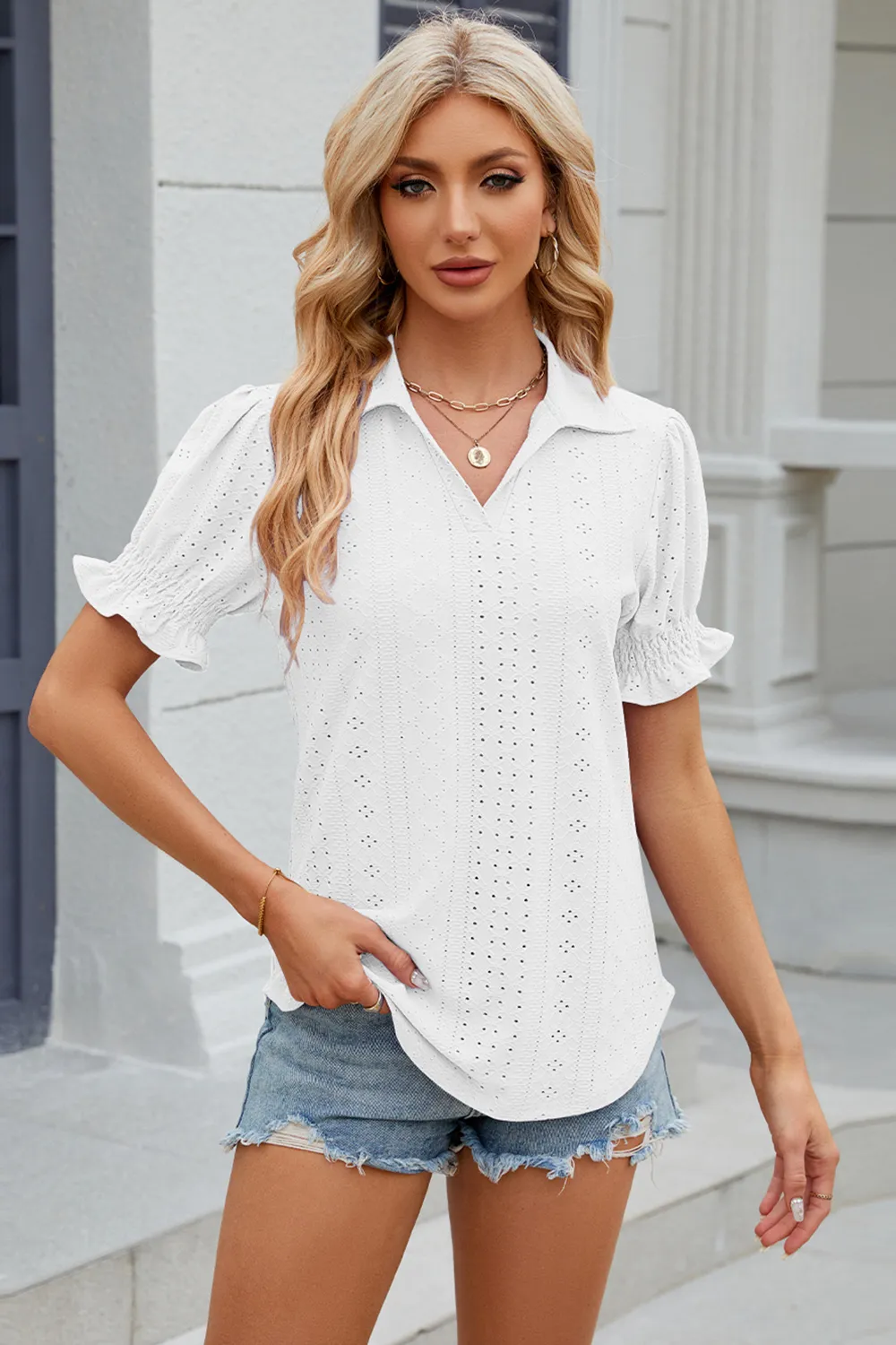 Eyelet Johnny Collar Short Sleeve Blouse, image 4