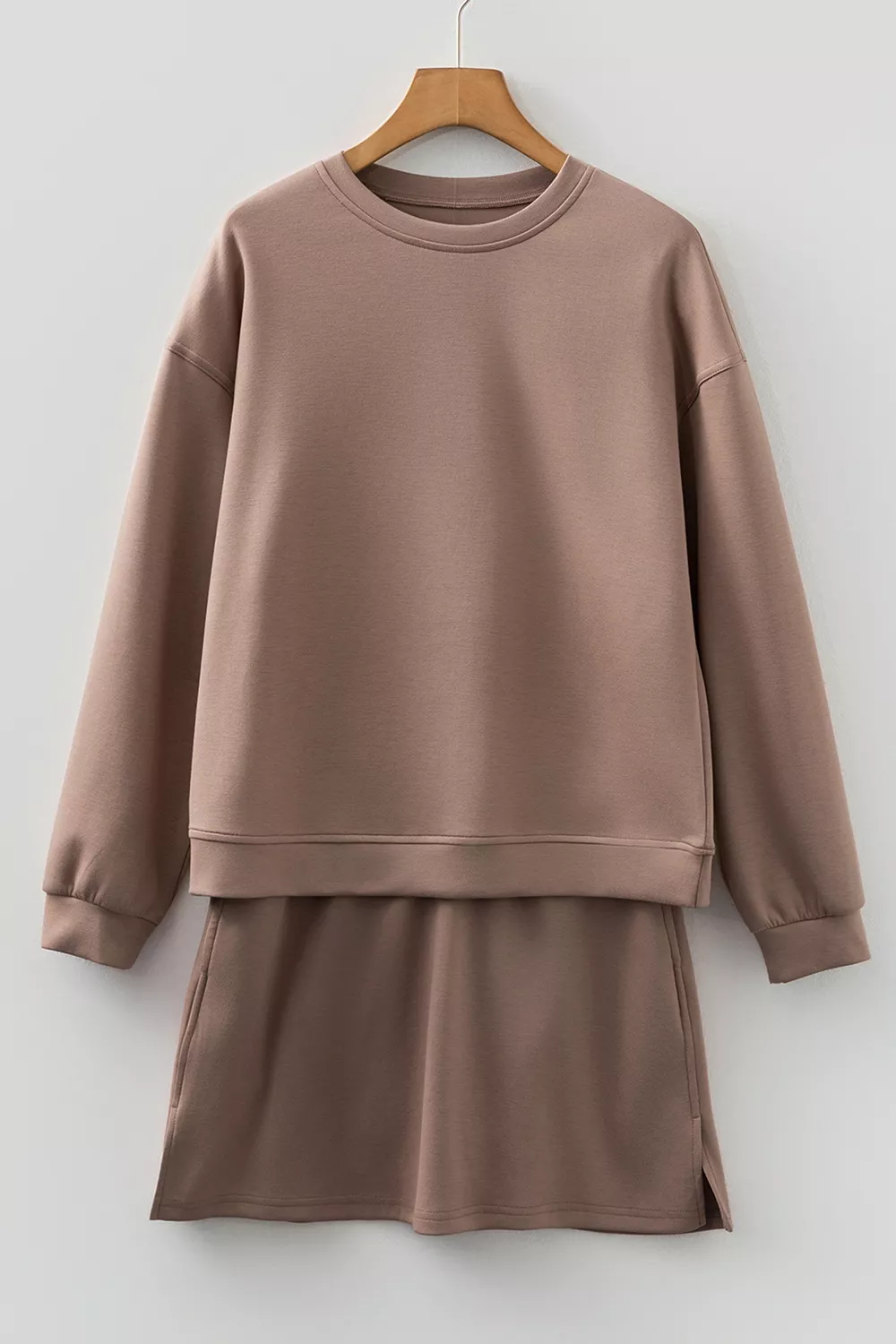 Solid Color Drop Shoulder Pullover Drawstring Mini Skirt 2pcs Outfit, image 4