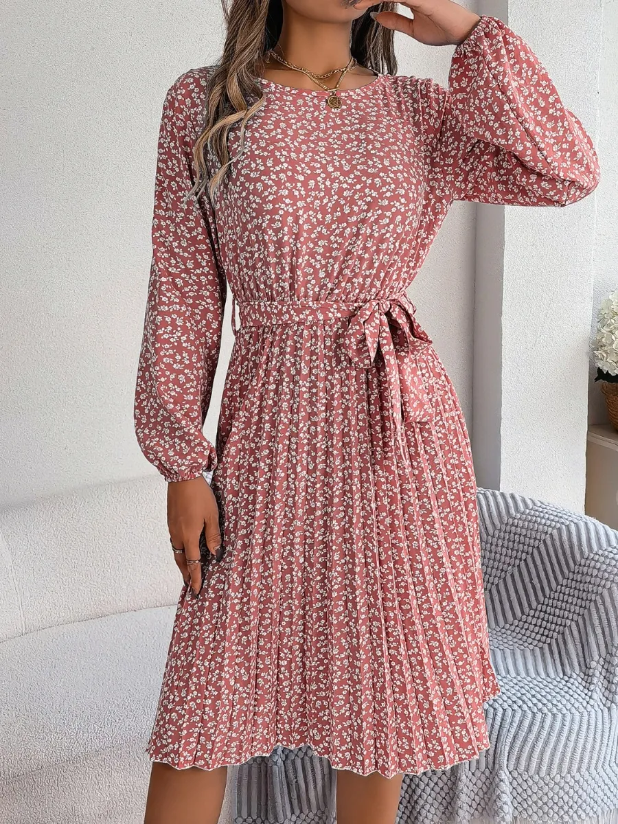 Ditsy Floral Tie Waist Pleated Dress, image 9