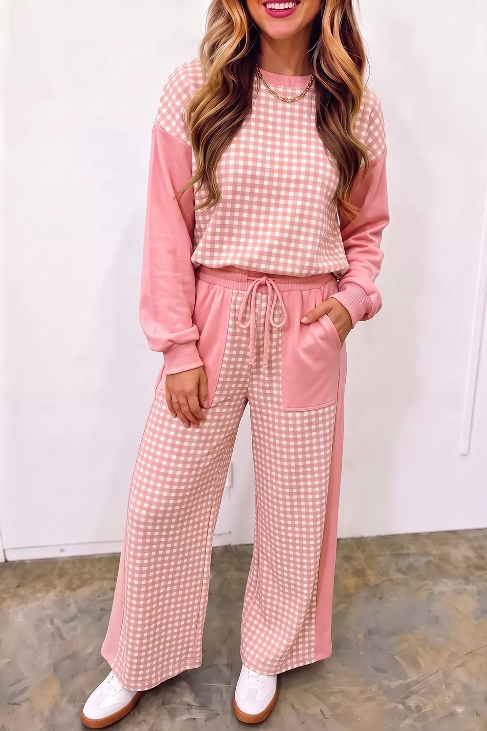 Color Block Plaid Patchwork Long Sleeve Pullover Wide Leg Pant Set