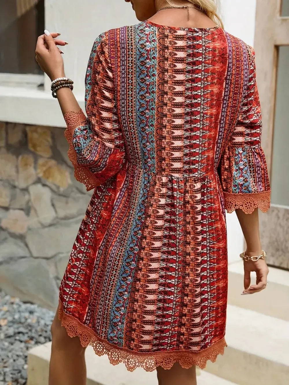 Lace Trim Printed V-Neck 3/4 Sleeve Dress, image 3