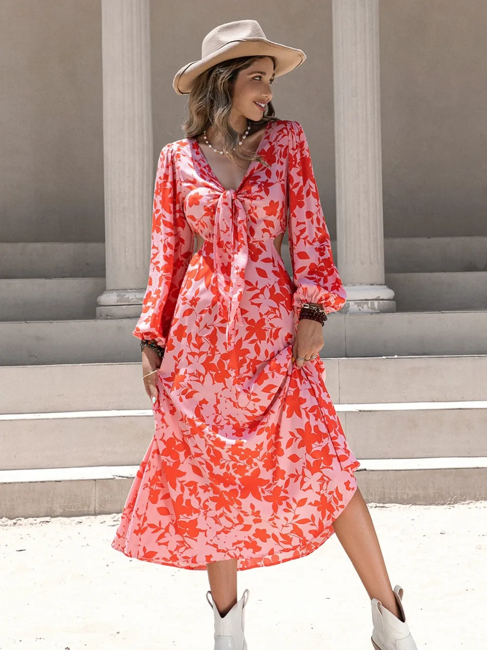 Tied Cutout Printed Long Sleeve Midi Dress, image 2