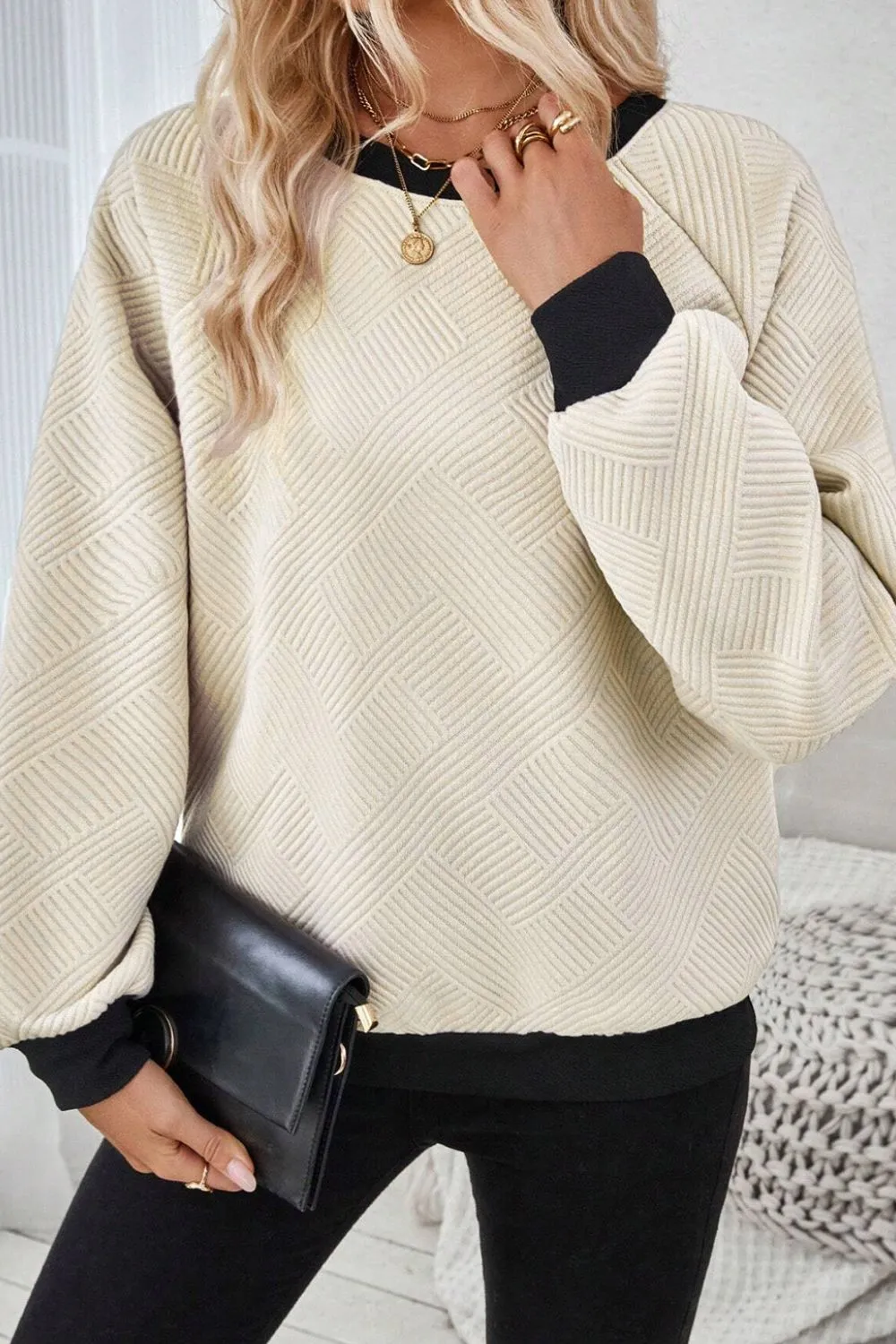 Texture Contrast Long Sleeve Sweatshirt, image 3