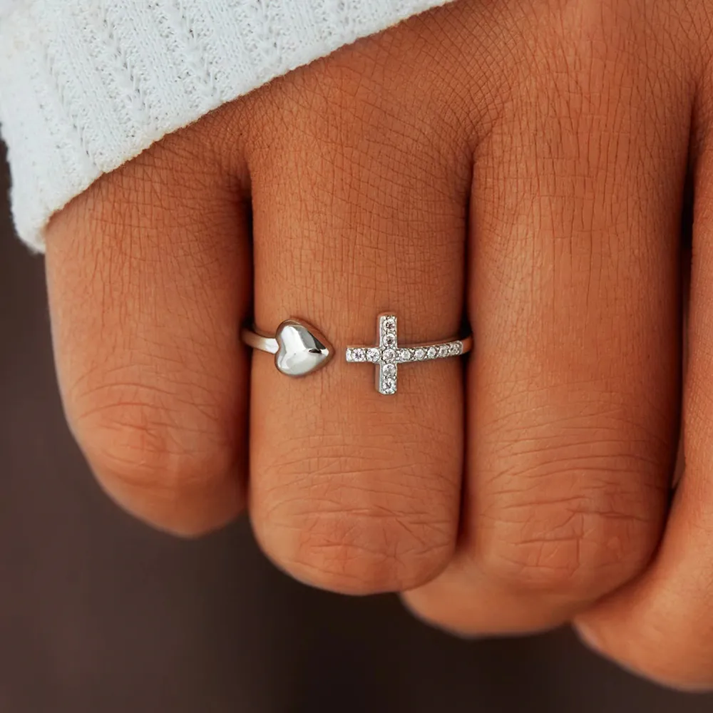 Heart Shape Cross Inlaid Zircon Open Ring, image 4