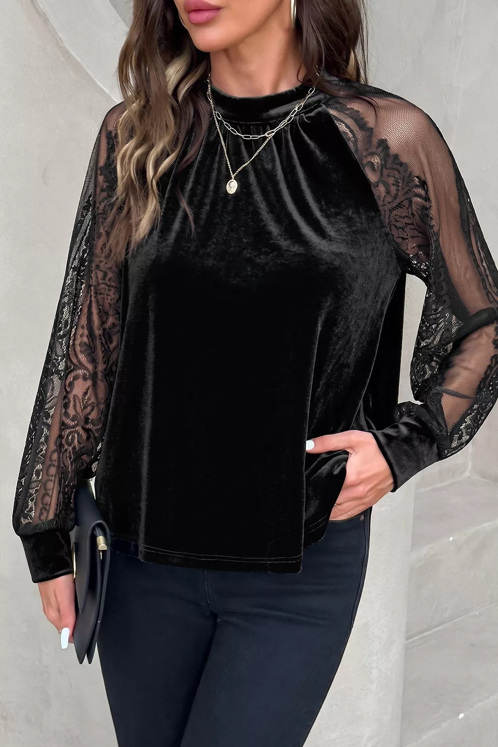 Solid Color Sheer Lace Long Sleeve Patchwork Stand Neck Velvet Blouse, image 7