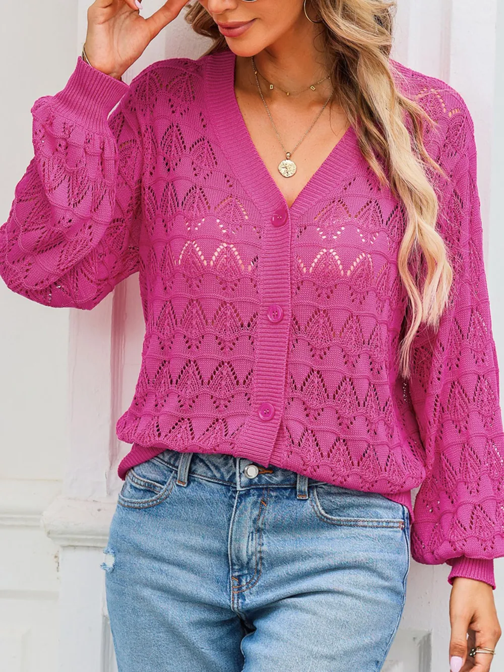Buttoned Front Openwork Cardigan, image 2