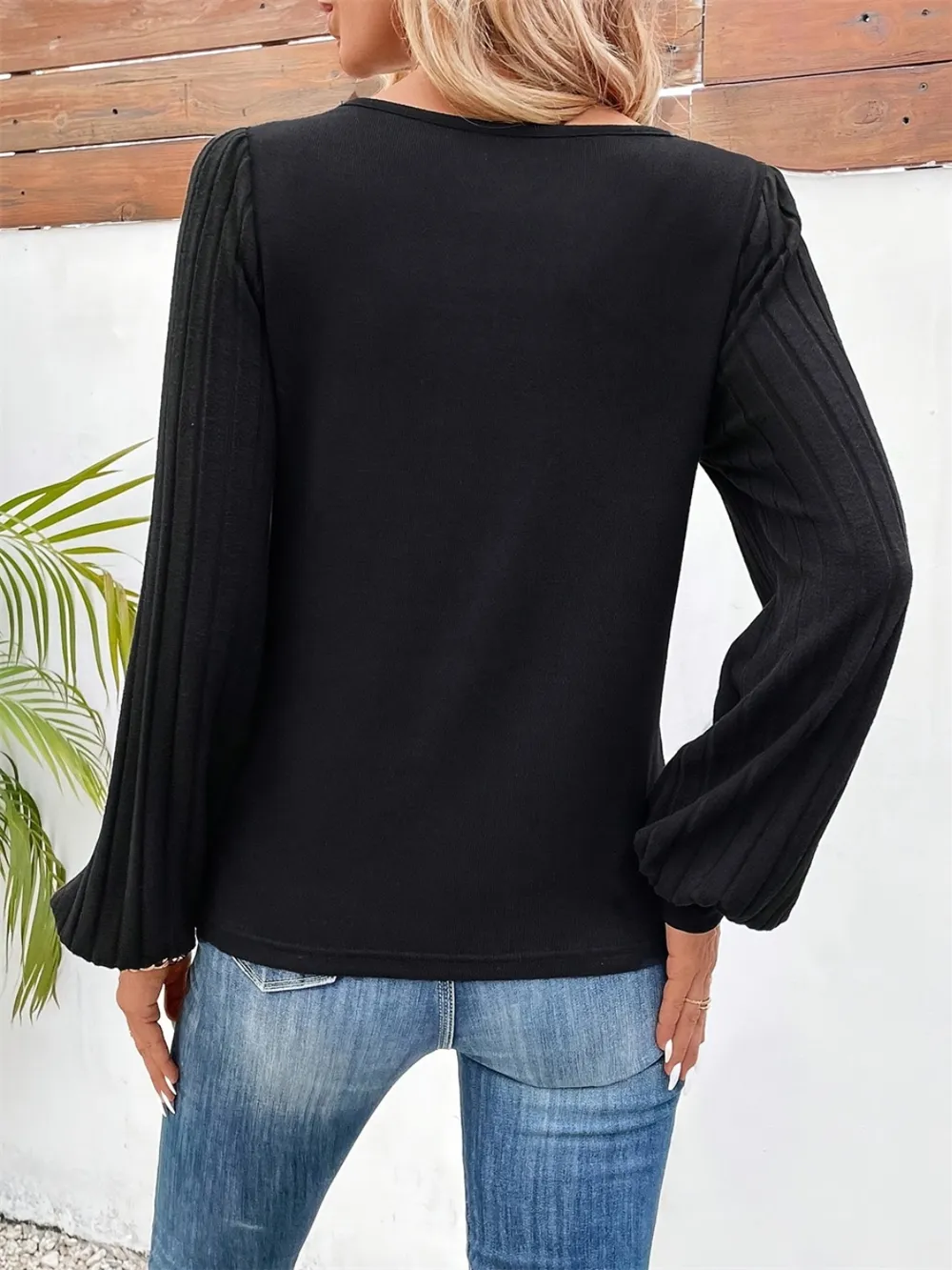 Contrast V-Neck Long Sleeve T-Shirt, image 2