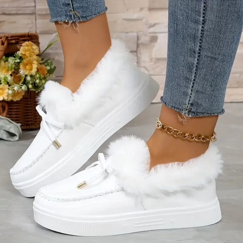Bow Furry Round Toe Flat Slip-Ons, image 3