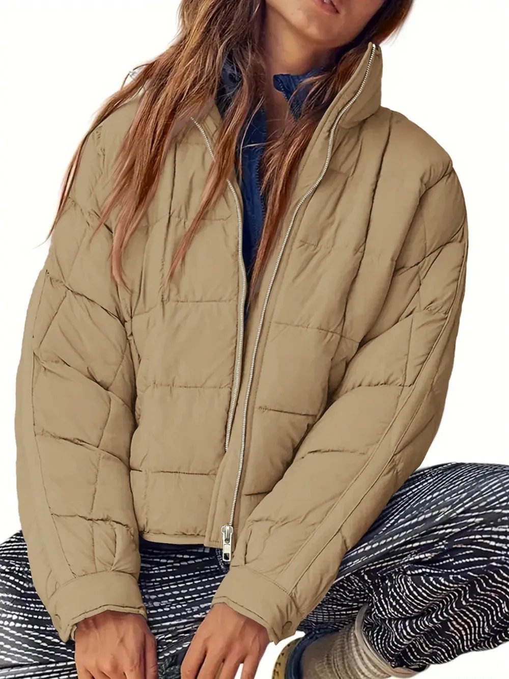 Pocketed Plaid Quilted Zip Up Winter Coat, image 6