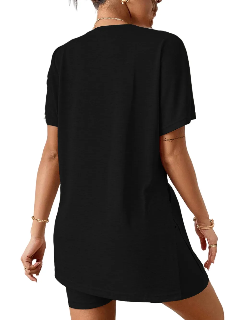 Slit Round Neck Short Sleeve Oversized Top and Shorts Set, image 2