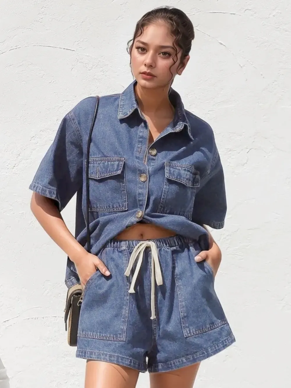 Collared Neck Button Up Top and Shorts Denim Set, image 3
