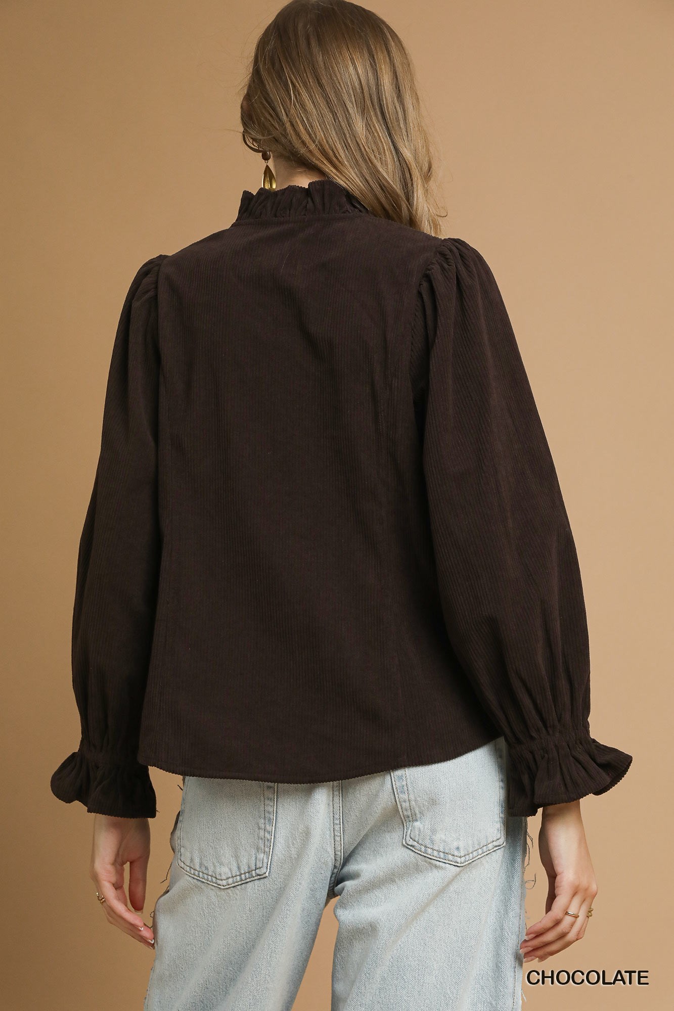 Corduroy Ruffle Shirt with Long Puff Sleeves, image 3