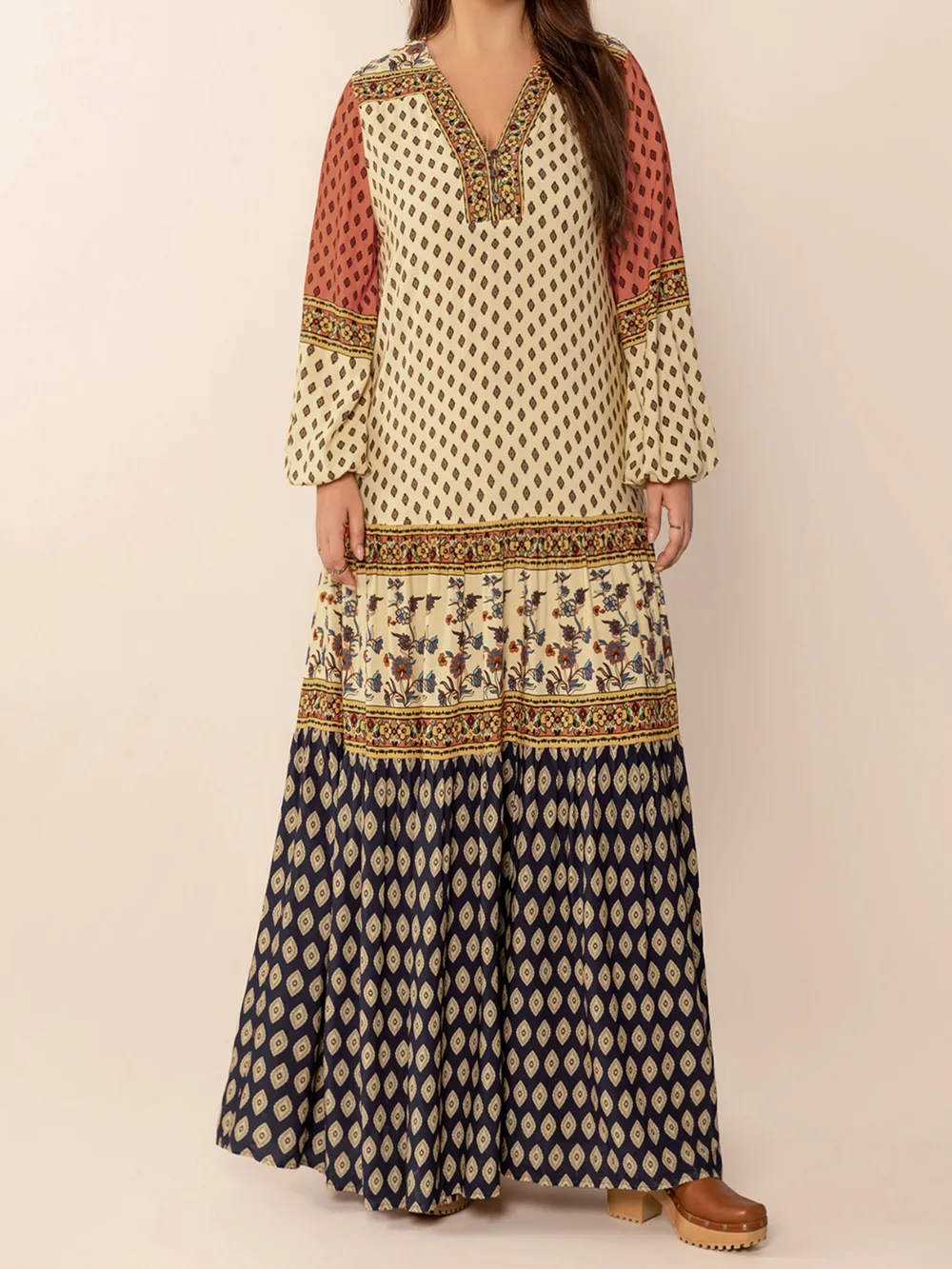 Printed V-Neck Balloon Sleeve Maxi Dress, image 2