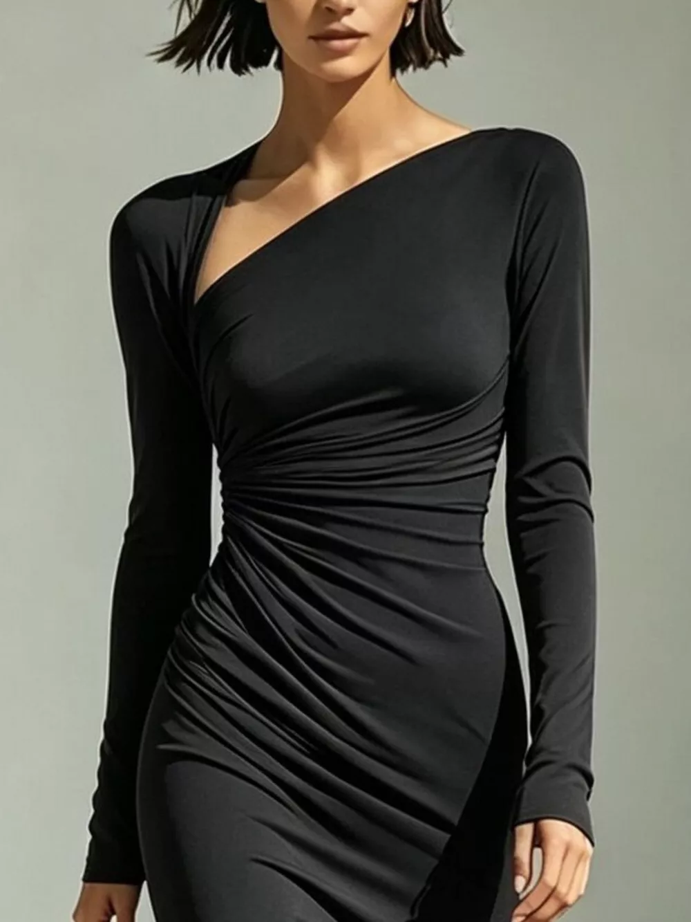 Asymmetrical Neck Ruched Long-Sleeve Dress, image 8