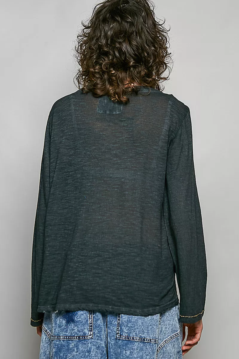 POL Contrast Stitch V-Neck Lightweight Knit Long Sleeve Top, image 3