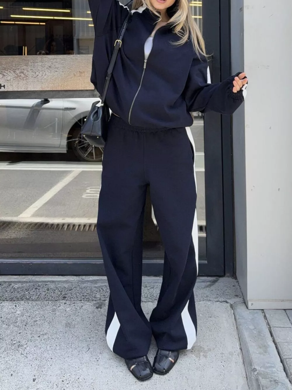 Contrast Side Stripe Zip Up Top and Pants Set, image 12