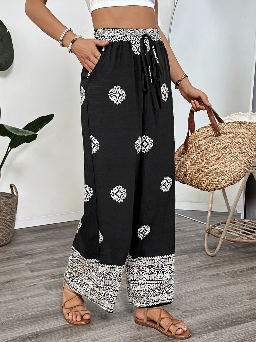 Boho Print Wide Leg Pants, image 2