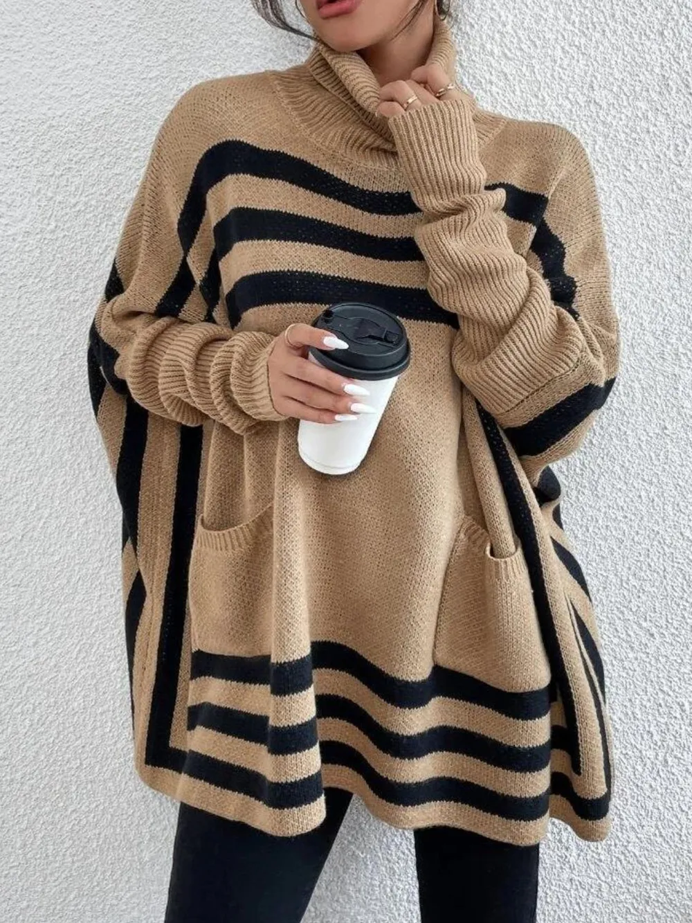 Striped Turtleneck Batwing Sleeve Sweater with Pockets, image 6