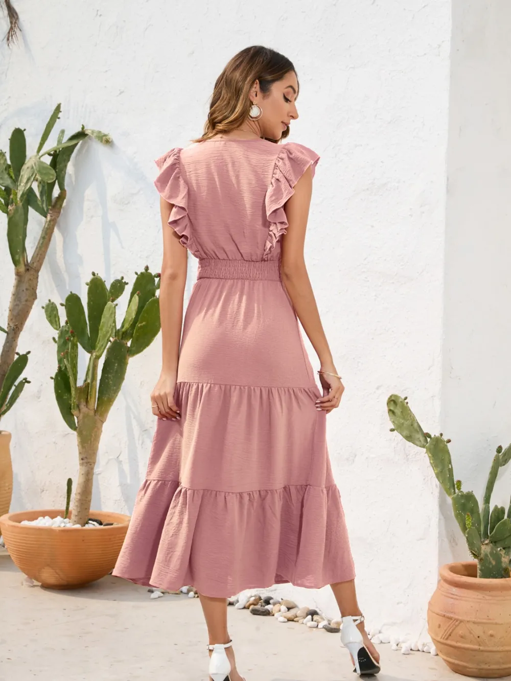 Tiered Ruffled V-Neck Cap Sleeve Dress, image 14