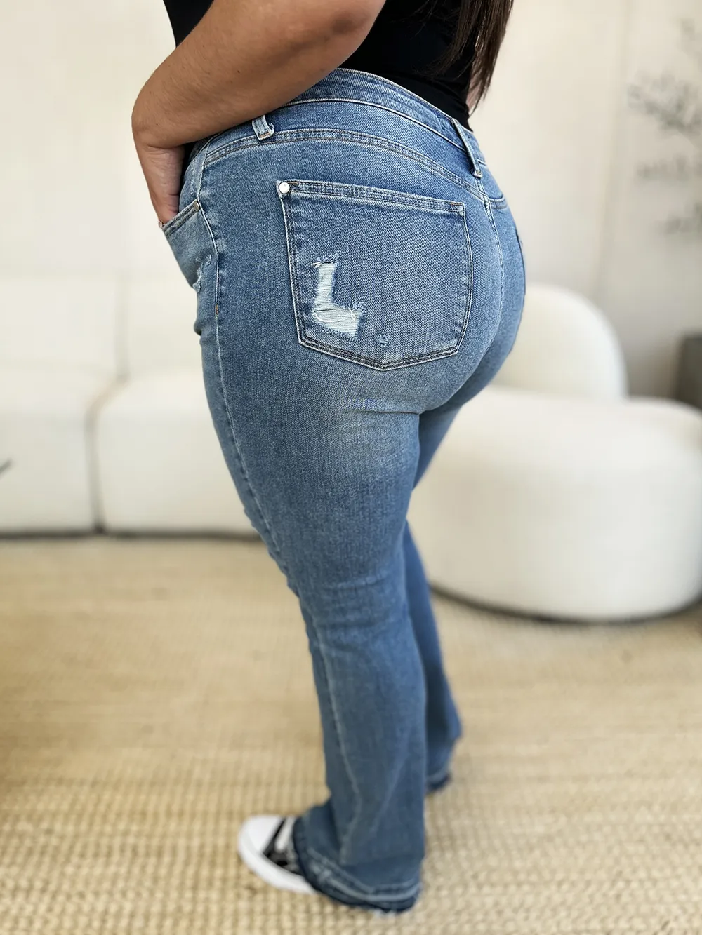Full Size Mid Rise Destroyed Hem Distressed Jeans, image 2