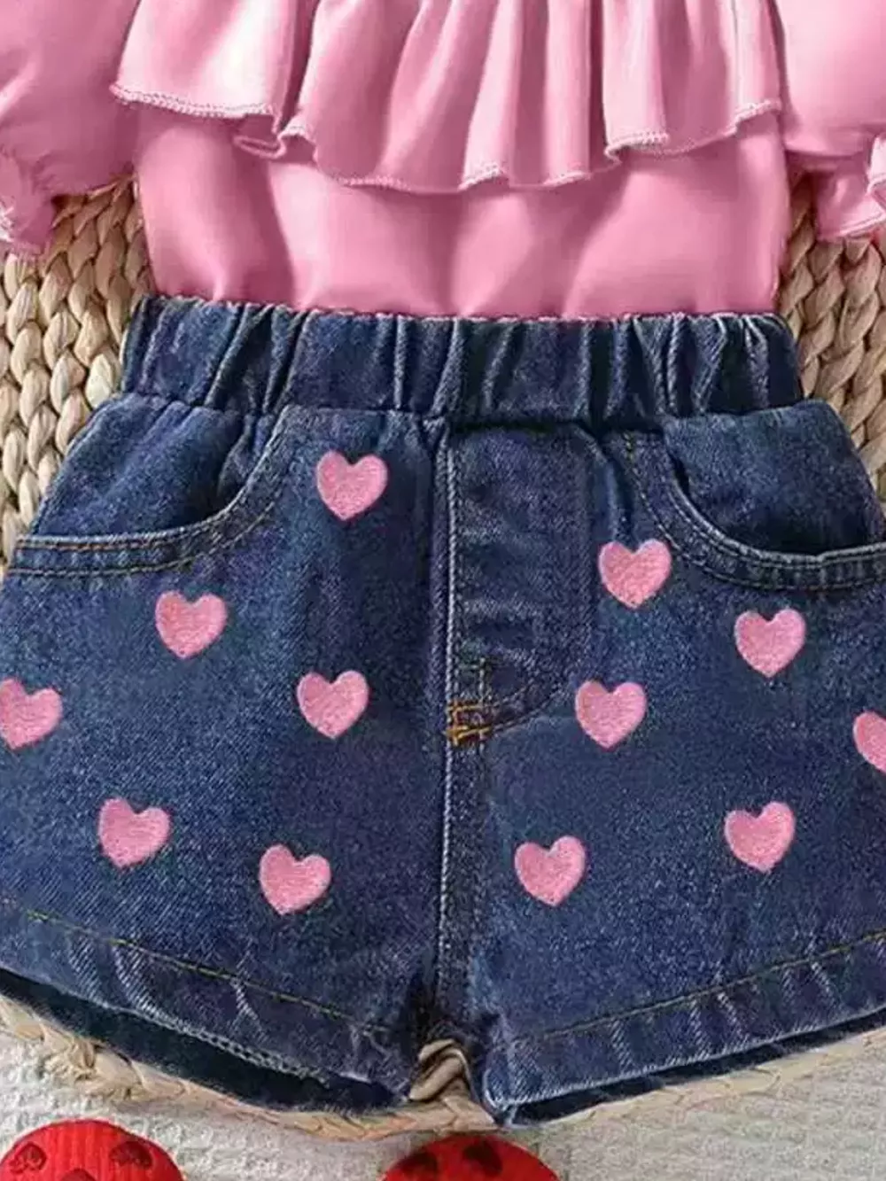 Children's Ruffled Top & Heart Embroidered Denim Shorts Set, image 8