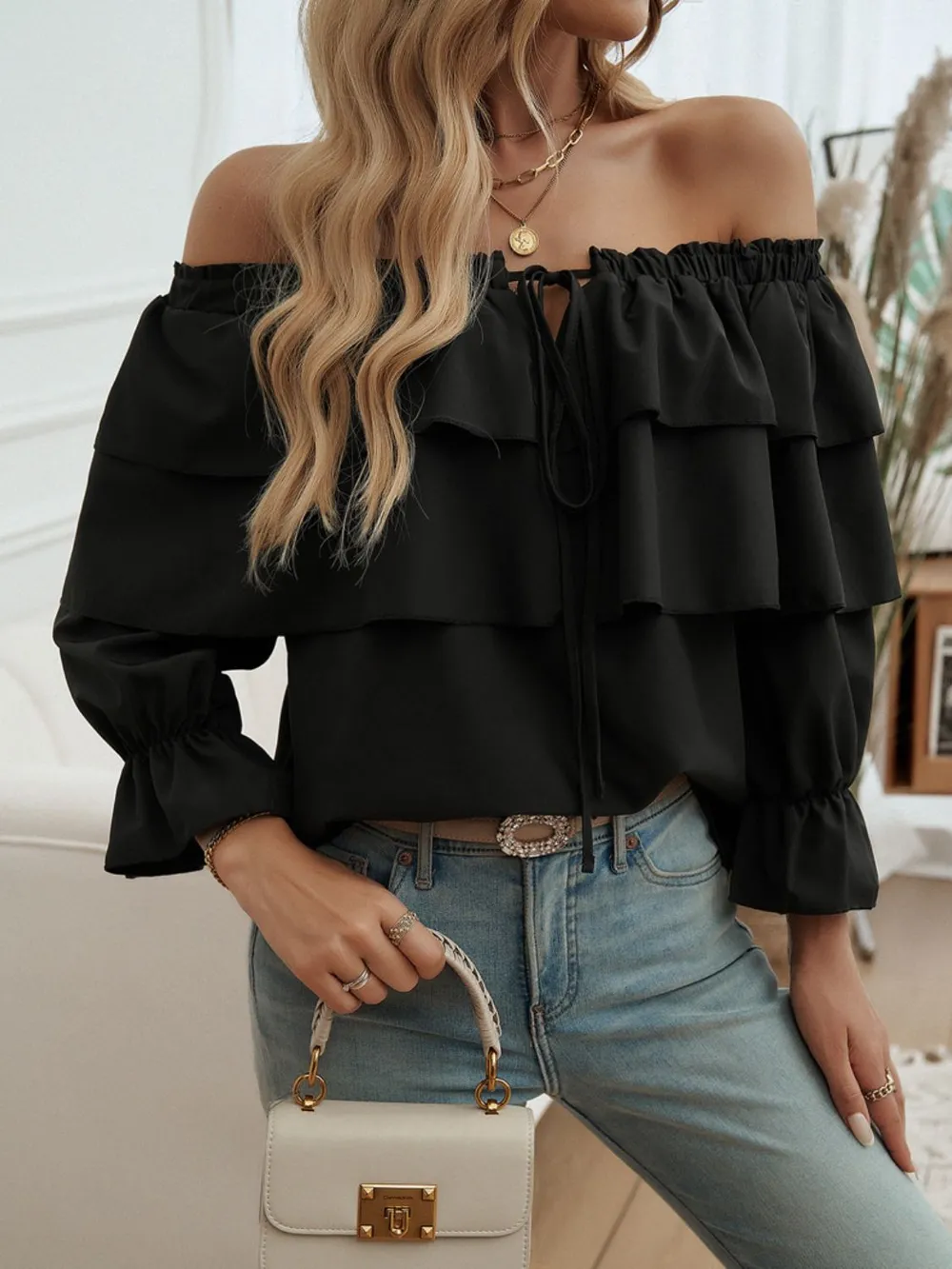 Off-Shoulder Flounce Sleeve Blouse, image 6