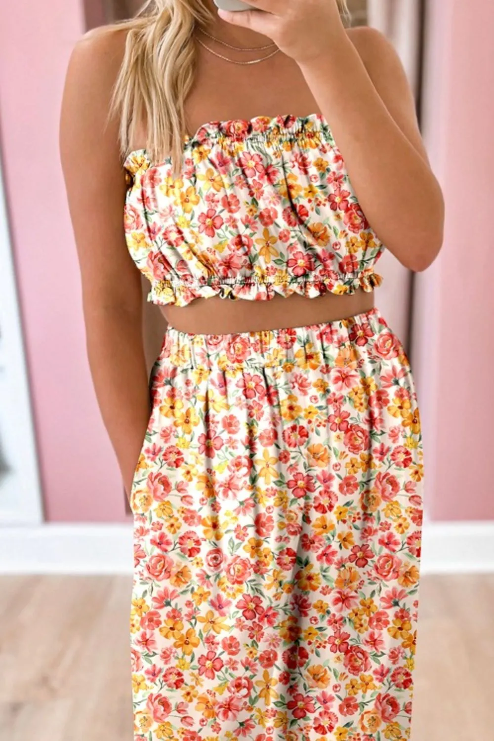 Boho Floral Bandeau Top and High Waist Wide Leg Pants Set, image 3