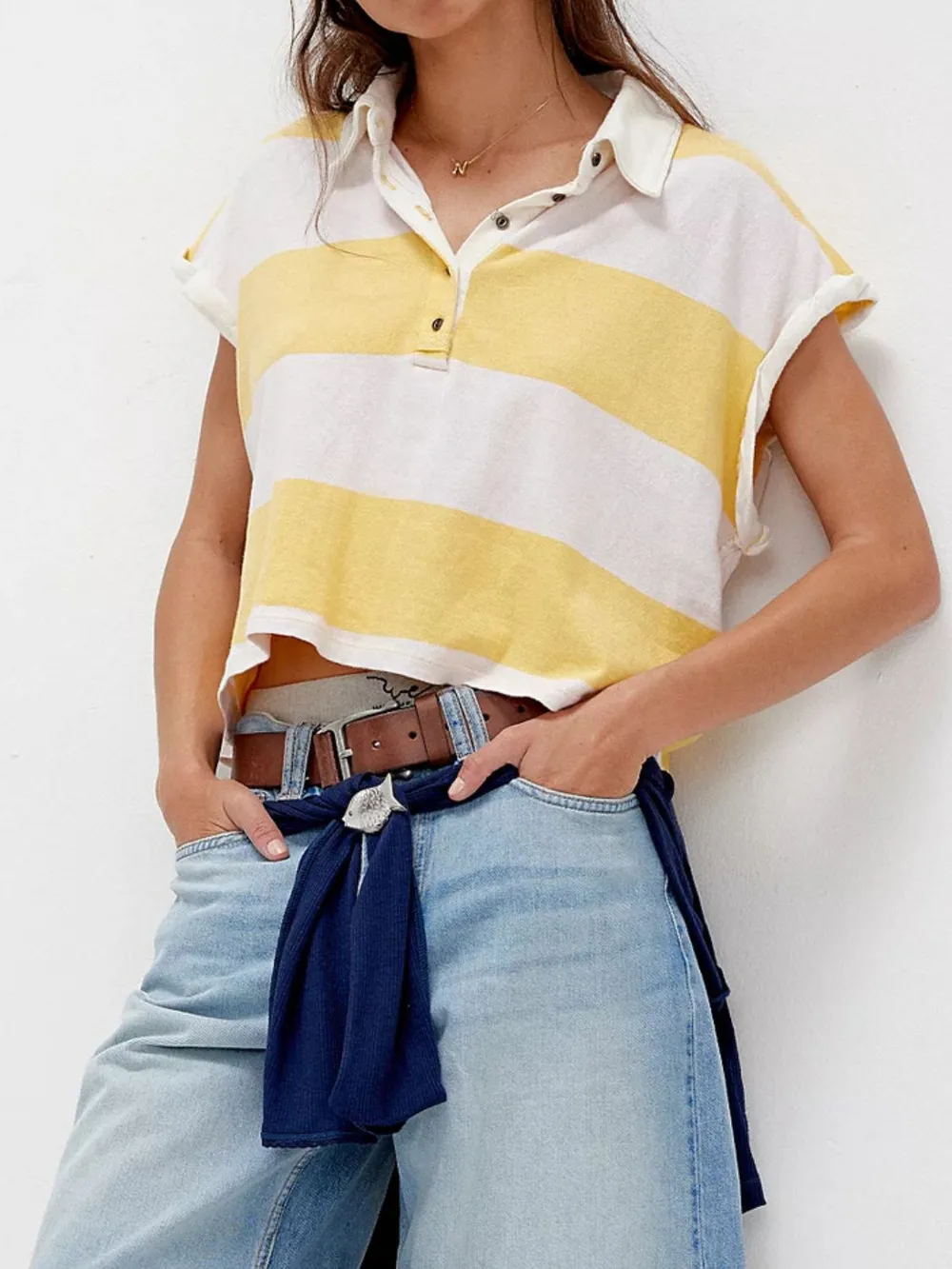 Striped Collared Neck Short Sleeve Top, image 3