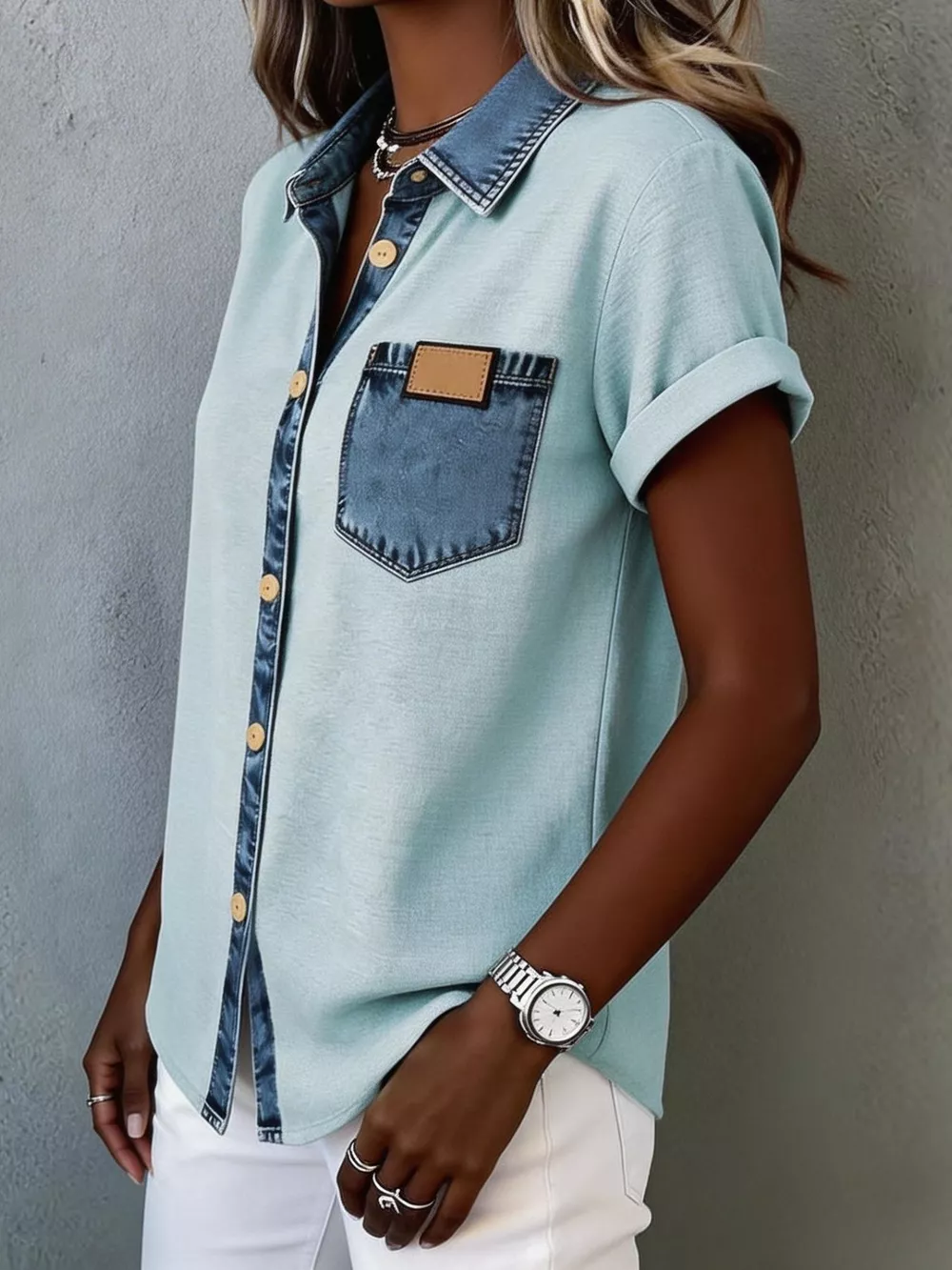 Denim Trim Short Sleeve Shirt, image 5